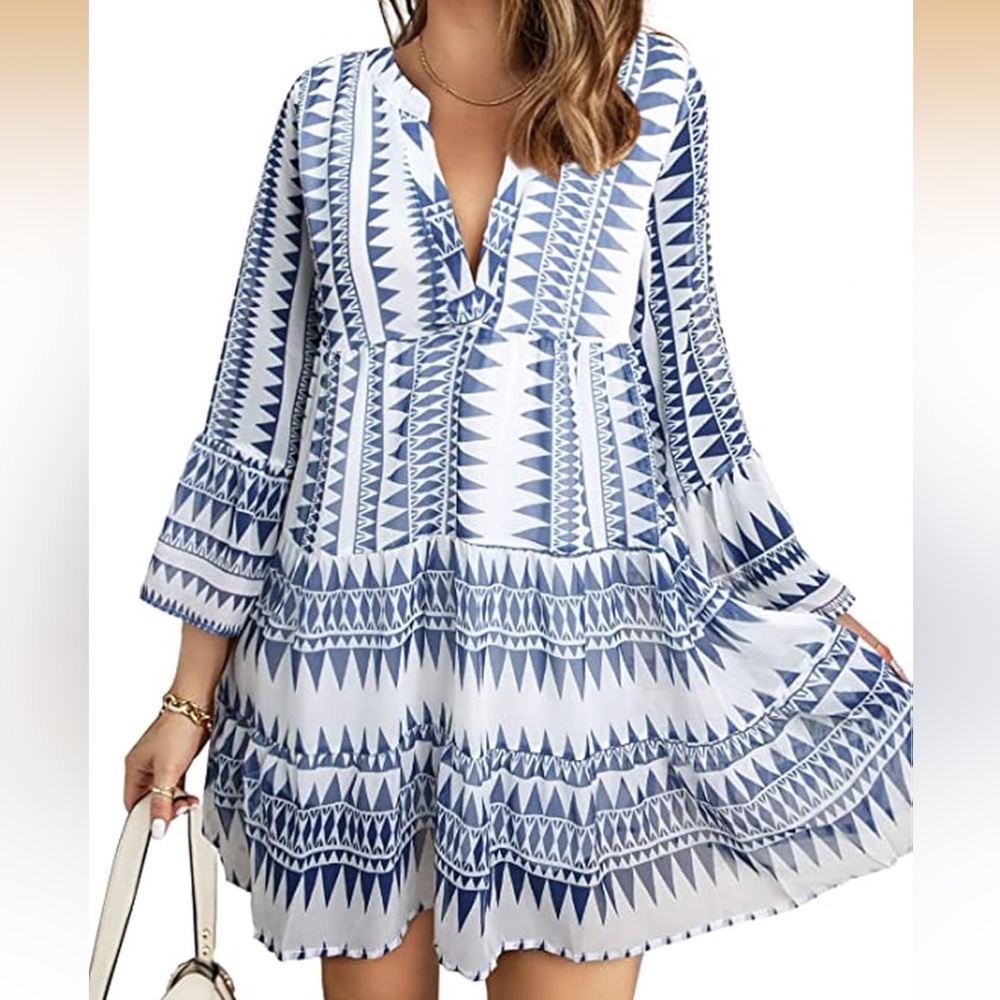 Happy Sailed Womens Long Sleeve V Neck Blue Tunic Dress Size XL